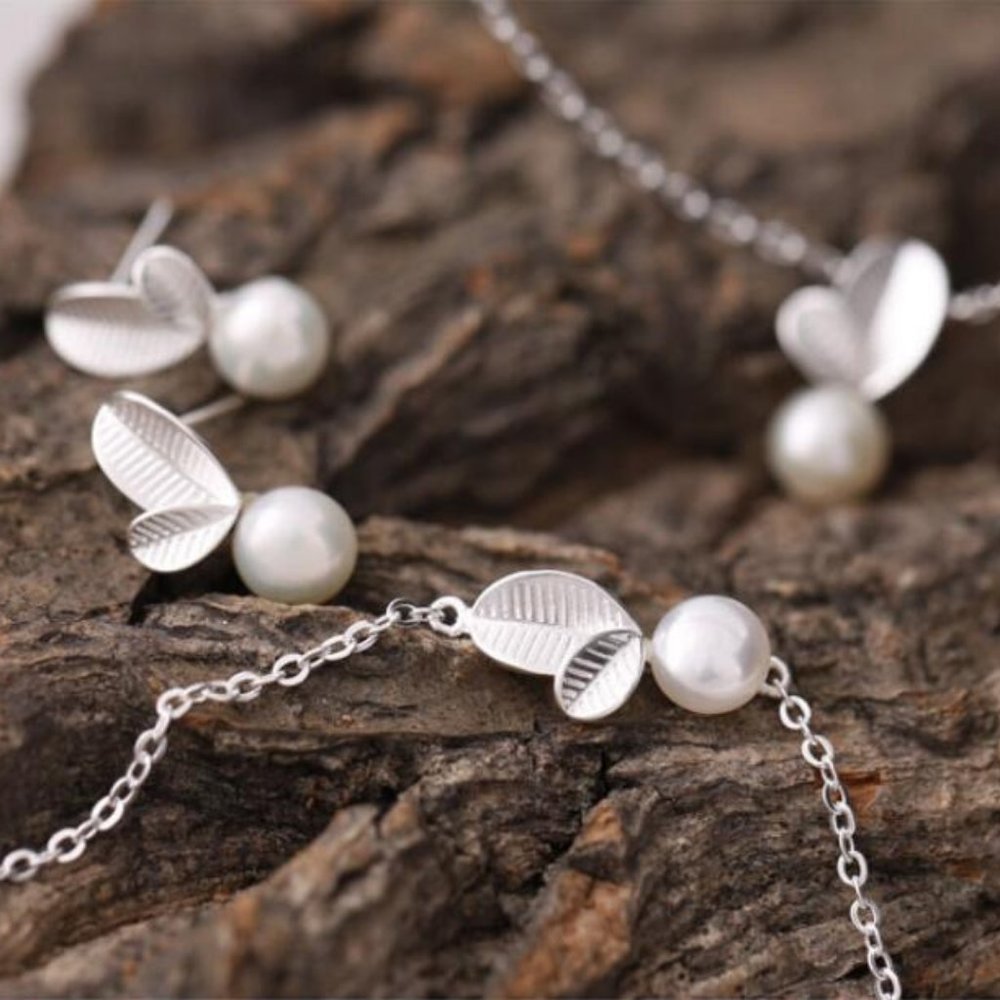 NEW [Set of 3] 925 Sterling Silver Pearl Leaf Set - Picture 2 of 8